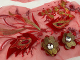 Craftuneed Bundle 2pcs Red & Gold beads floral lace applique Dance Costume sew on sequins lace motif patch
