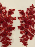 Craftuneed A Mirror Pair wine colour 3d floral lace applique sew on embroidered sequins lace motif patch
