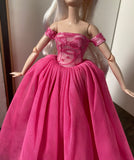 Craftuneed 1:6 miniature doll sharp pink evening ball gown mini doll lace party dress veil Handmade