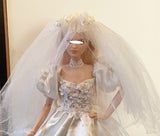 Craftuneed 1:6 miniature 90s Inspired Vintage Doll Wedding Gown Bridal Dress and Veil with ruffle details Handmade