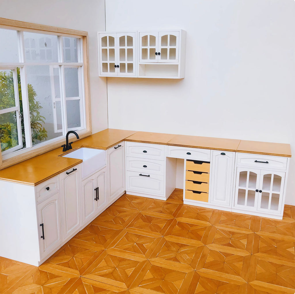 Craftuneed 1:6 Scale Miniature Dollhouse Kitchen Set L Shaped Cabinet with Sink Cupboard Organiser Doll Furniture Available in ivory or blue