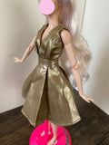 Craftuneed 1:6 miniature doll gold evening dress mini dollhouse V-Neck doll party dress Handmade