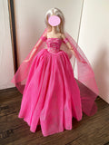 Craftuneed 1:6 miniature doll sharp pink evening ball gown mini doll lace party dress veil Handmade