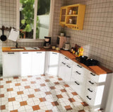 Craftuneed 1:12 Scale Miniature Dollhouse Kitchen L-Shape Cabinet Furniture with Sink Stove Corner Storage Units