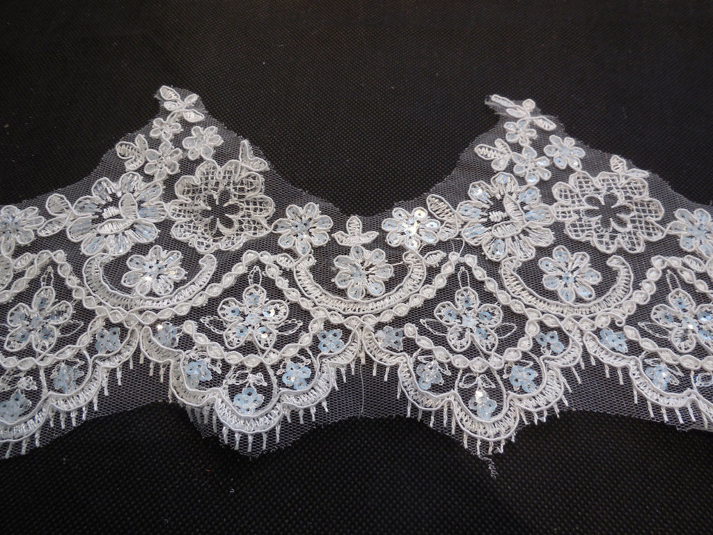 Bridal wedding ivory Sequins Eyelash style lace trim / ivory sequins floral lace trim is for sale. Sold by Per Yard 90cm