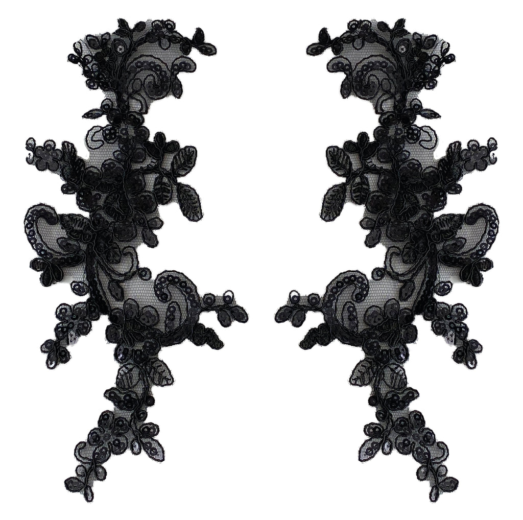 Craftuneed a mirror pair of black floral sequins lace applique sew on sequins tulle lace motif patch