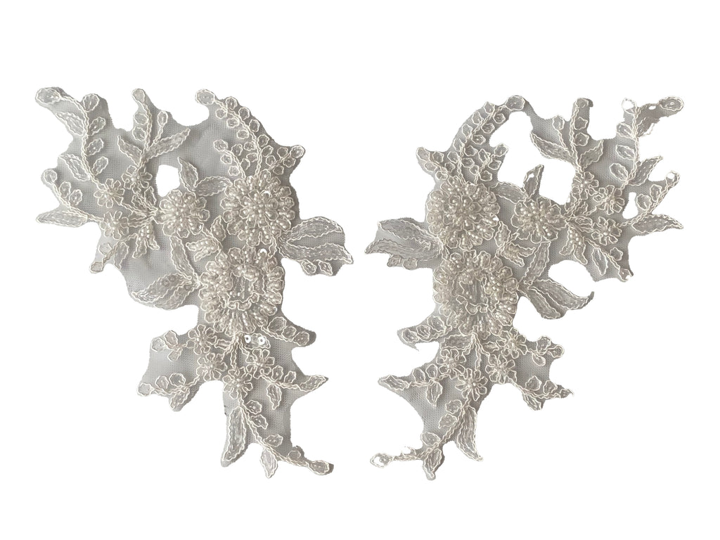 A mirror match pair ivory beads lace applique sew on floral sequins lace motif patch