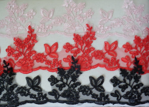 baby pink or red or black floral tulle lace trim sewing embroidered lace trim is for sale. sold by Per Yard 90cm