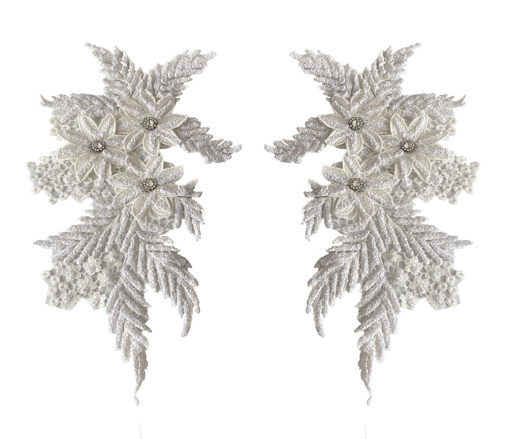 Craftuneed a mirror pair white glitter rhinestones floral lace applique sew on flower motif patch