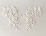 A mirror match pair ivory beads lace applique sew on floral sequins lace motif patch