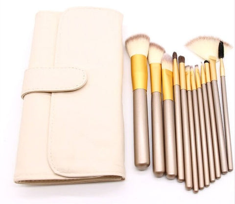 Professional 12 pcs foundation makeup powder brushes set with faux leather bag