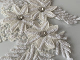 Craftuneed a mirror pair white glitter rhinestones floral lace applique sew on flower motif patch
