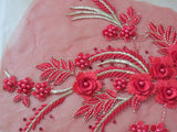 A Red & gold threads beaded floral lace applique / red beaded lace motif on tulle is for sale.
