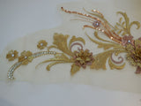 A large piece of gold & rose champagne beaded floral lace applique / lace motif is for sale.  sold by per piece
