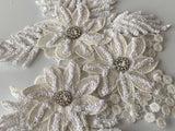 Craftuneed a mirror pair white glitter rhinestones floral lace applique sew on flower motif patch