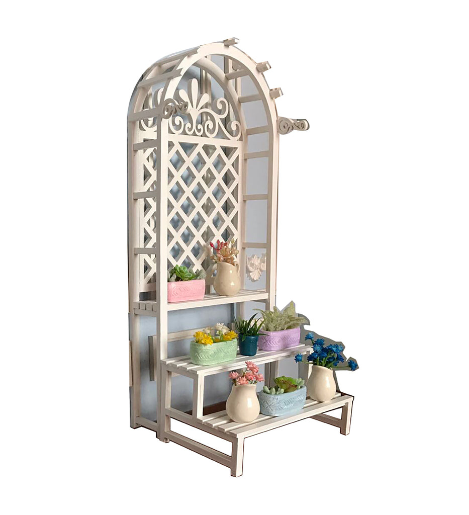 Craftuneed 1:6 miniature dollhouse wood arch garden flower stand stairs DIY package doll furniture props (flowers pots are not included)