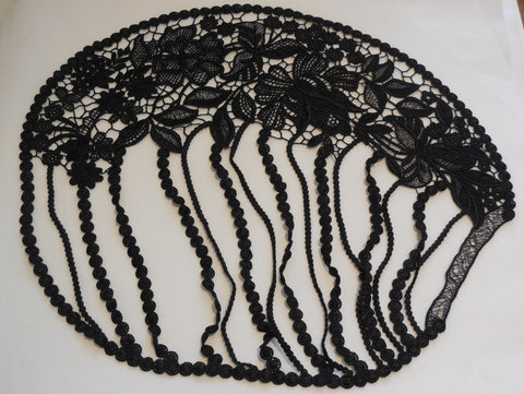 A Black floral cotton lace applique / floral shape collar lace motif is for sale. Sold By Piece