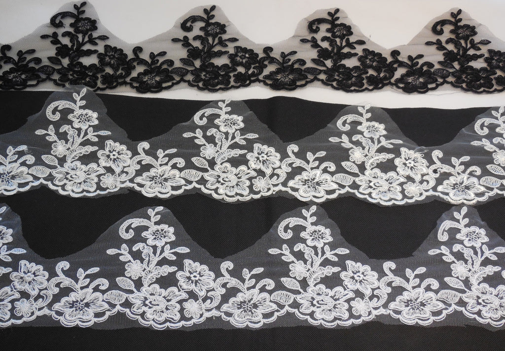 Black ivory white bridal wedding floral lace trim / dress lace trimming Per Yard