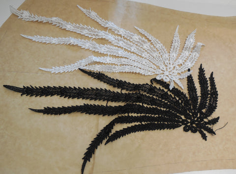 A black or off white bridal wedding peacock tail style lace applique / lace motif is for sale.  sold by per piece