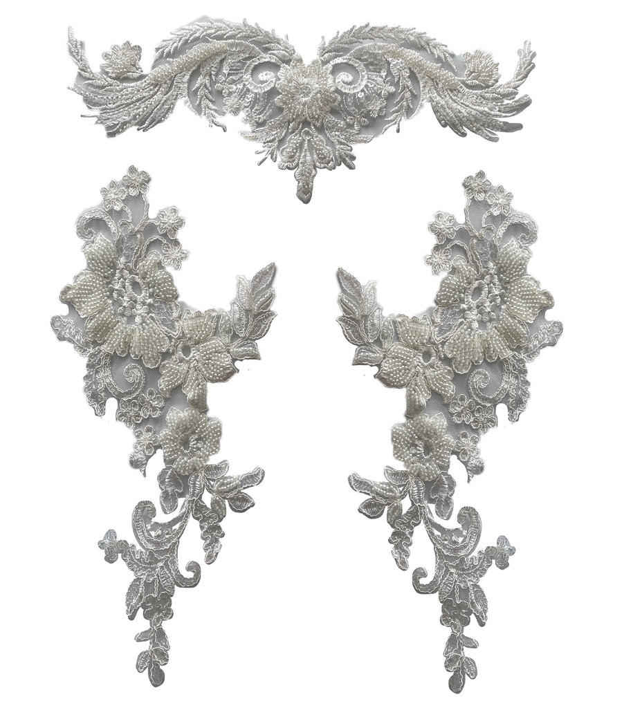 Craftuneed A mirror pair flower beaded lace applique sew on floral beads sequins lace motif patch in black or ivory or red for dress sewing