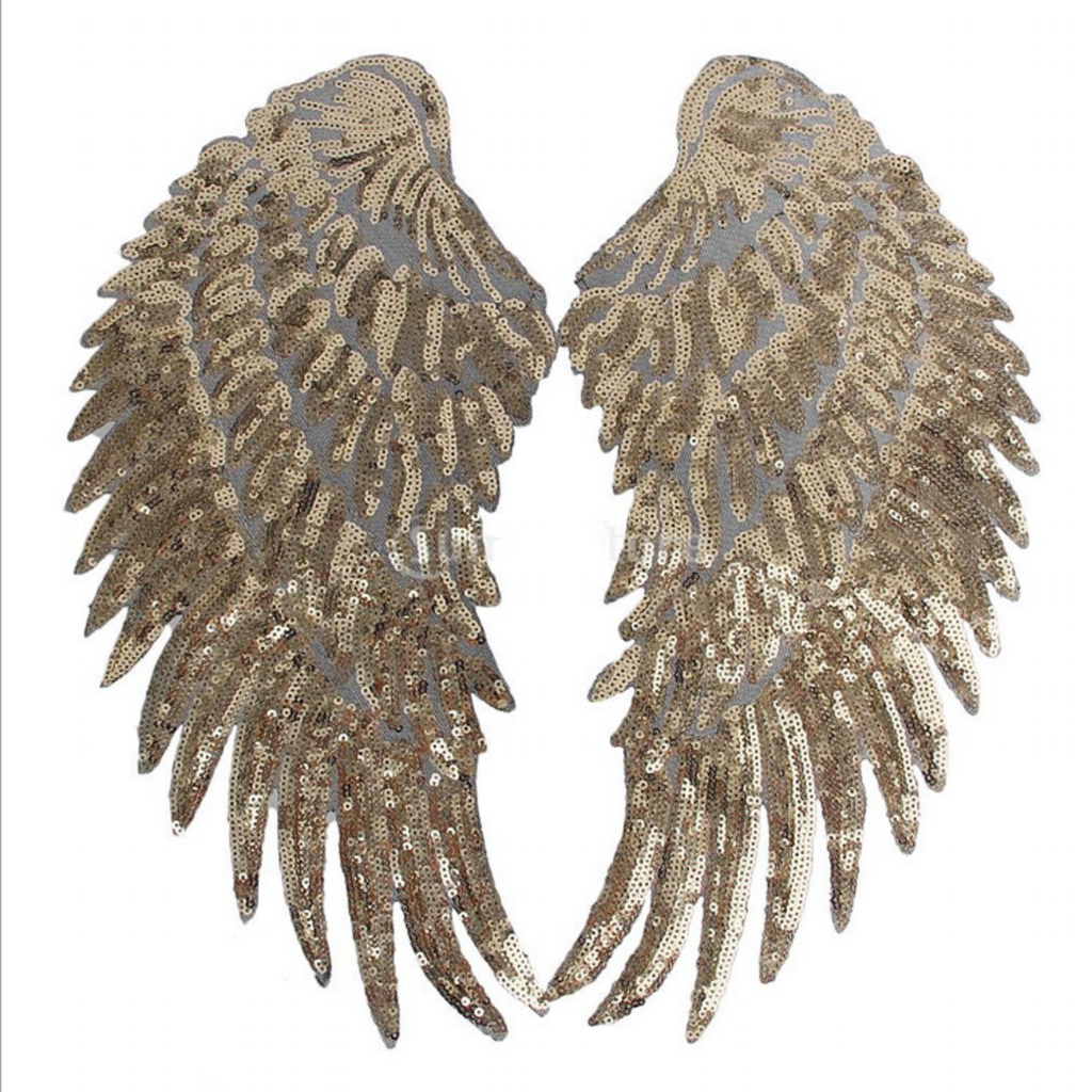 A pair of silver or gold colour sequined lace appliques wings sequins collar motifs for sale. Sold by pair.