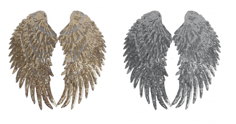 A pair of silver or gold colour sequined lace appliques wings sequins collar motifs for sale. Sold by pair.