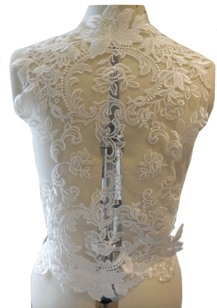 A Large ivory bridal bolero lace applique sew on floral lace motif for wedding dress sewing