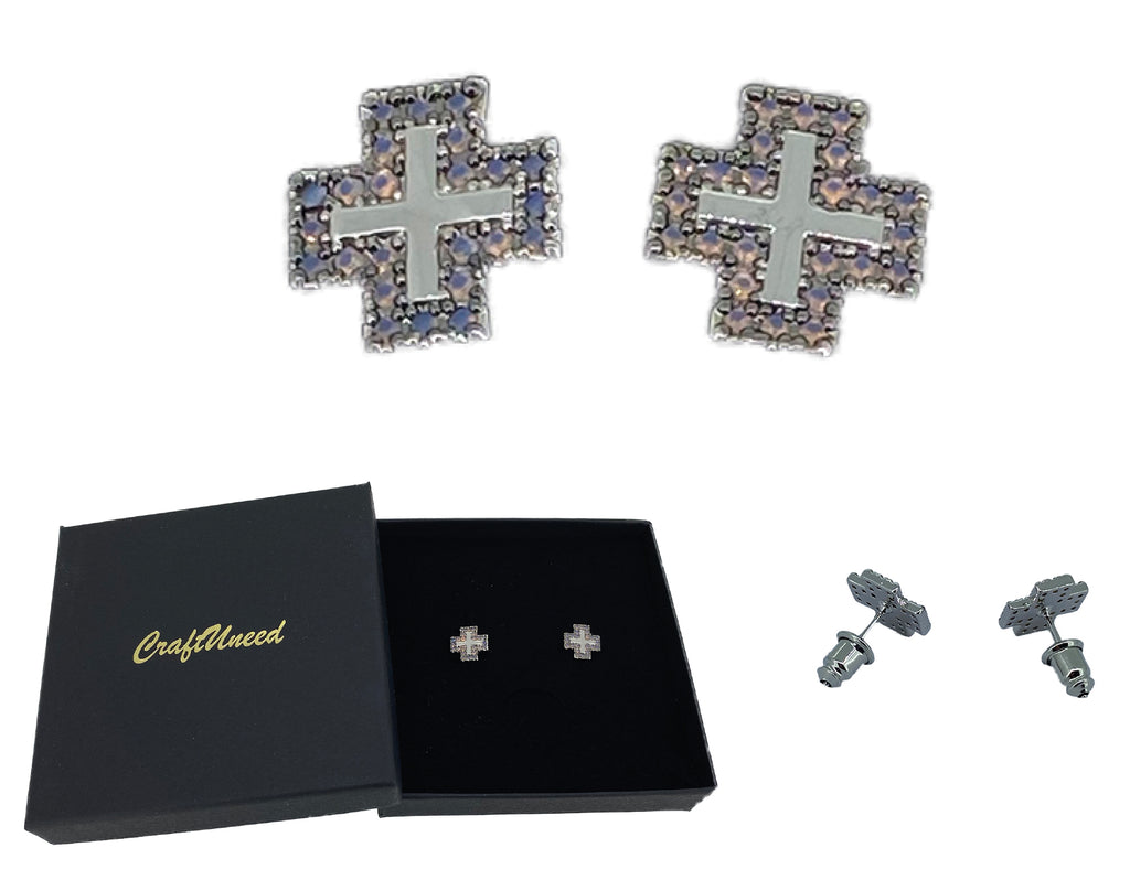 Craftuneed women retro stainless steel cross shape stud earrings with silver pin valentine's gift for her mum birthday Christmas gift idea