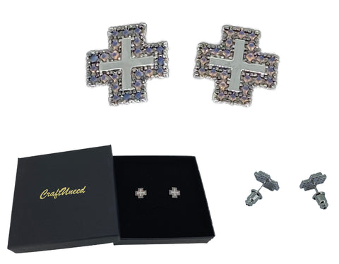 Craftuneed women retro stainless steel cross shape stud earrings with silver pin valentine's gift for her mum birthday Christmas gift idea