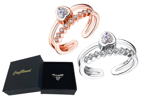 Craftuneed adjustable rings rose gold silver plated heart shape faux diamond ring women girl men birthday engagement jewellery gift