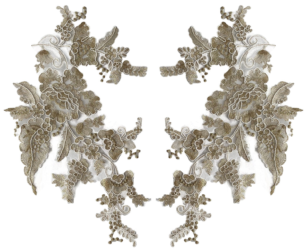 Craftuneed A mirror pair champagne white cord sew on floral lace motif lace applique flower patch