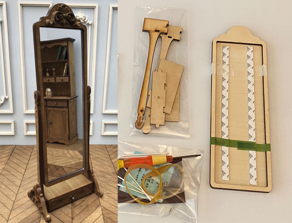Craftuneed 1:6 miniature dollhouse wood full length stand mirror DIY package doll furniture craft props