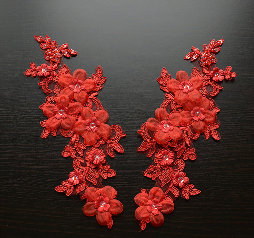 Craftuneed A pair of sew on flower beaded lace applique floral beads sequins tulle lace motif patch