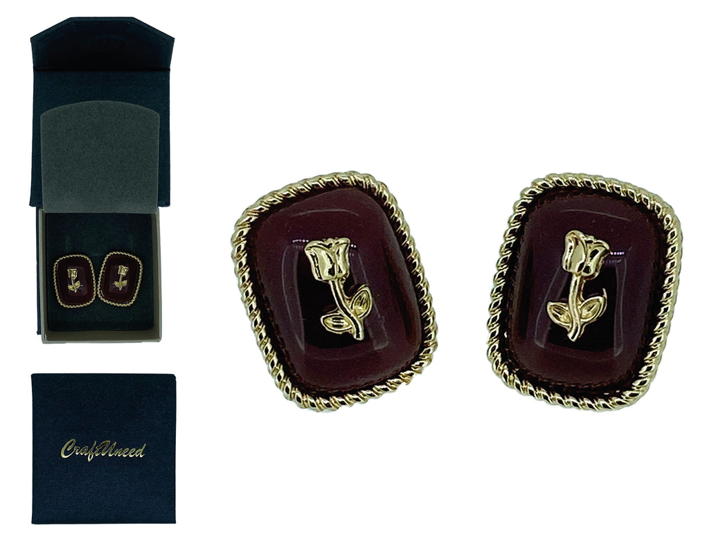 Craftuneed women retro resin gemstone 3d floral rose stud earrings silver pin