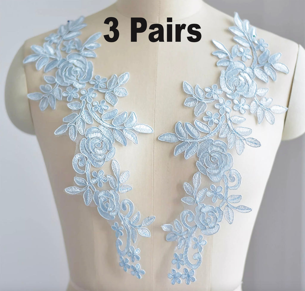 WLight Blue Lace Applique 3 Pairs, Wedding Dress Embroidered Floral Bridal Motif Patch
