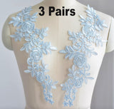 WLight Blue Lace Applique 3 Pairs, Wedding Dress Embroidered Floral Bridal Motif Patch