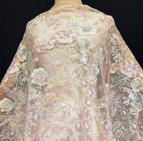 Luxury Sequin Embroidered Lace Fabric – Multicolour Floral Tulle Mesh Material for Dressmaking, 3Meters