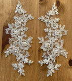 A Pair Ivory Beaded Floral Lace Appliques Bridal Embroidered Sequin Lace Motif Patches