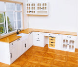 Craftuneed 1:6 Scale Miniature Dollhouse Kitchen Set L Shaped Cabinet with Sink Cupboard Organiser Doll Furniture Available in ivory or blue