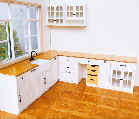 Craftuneed 1:6 Scale Miniature Dollhouse Kitchen Set L Shaped Cabinet with Sink Cupboard Organiser Doll Furniture Available in ivory or blue