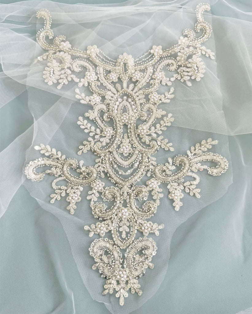 Ivory Beaded Lace Applique Bridal Sequin Embroidered Lace Motif For Bodice Bolero
