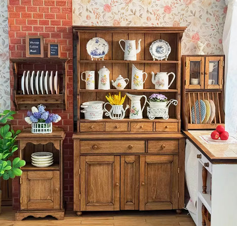 1:6 Scale Vintage Style Wooden Kitchen Sideboard Cabinet with Drawers Miniature Dollhouse Plates Organiser & Shelves Furniture Handmade