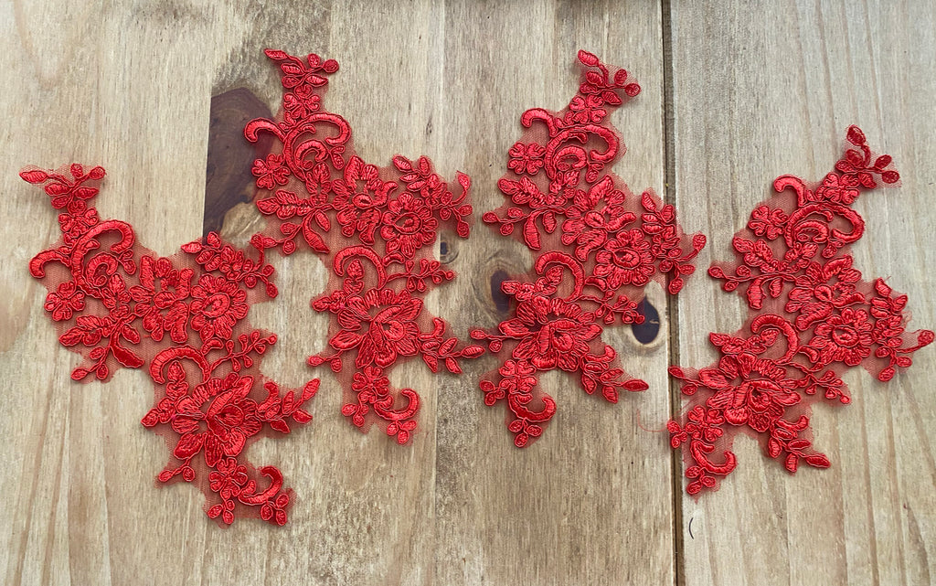 4pcs Red Floral Lace Appliques Embroidered Flower Lace Motif Tulle Patch