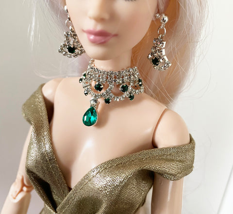 Craftuneed Luxury 1:6 miniature doll necklace earring set Green gem stone dollhouse Faux diamond jewellery Handmade