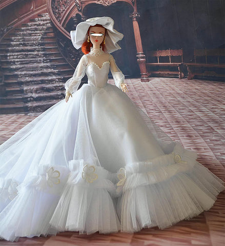 Craftuneed 1:6 Scale miniature Doll Wedding Lace Tulle dress Set with Hat and petticoat Handmade