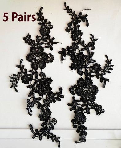 5 Pairs Black Lace Applique Floral Embroidery Lace Motif Patch For Dressmaking DIY