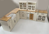 Craftuneed 1:6 Scale Miniature Dollhouse Kitchen Set L Shaped Cabinet with Sink Cupboard Organiser Doll Furniture Available in ivory or blue