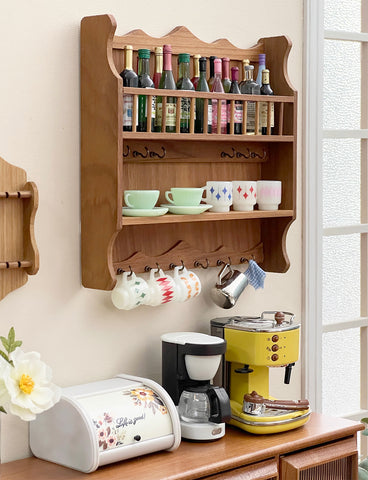 Craftuneed 1:6 Scale Dollhouse Wooden Wall Cup Rack Miniature Hanging Shelf with Hooks, Handmade Kitchen Storage for Dolls