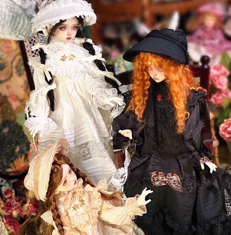 Handmade Victorian Doll Embroidered Dress with Bonnet For 1:4 Scale Doll