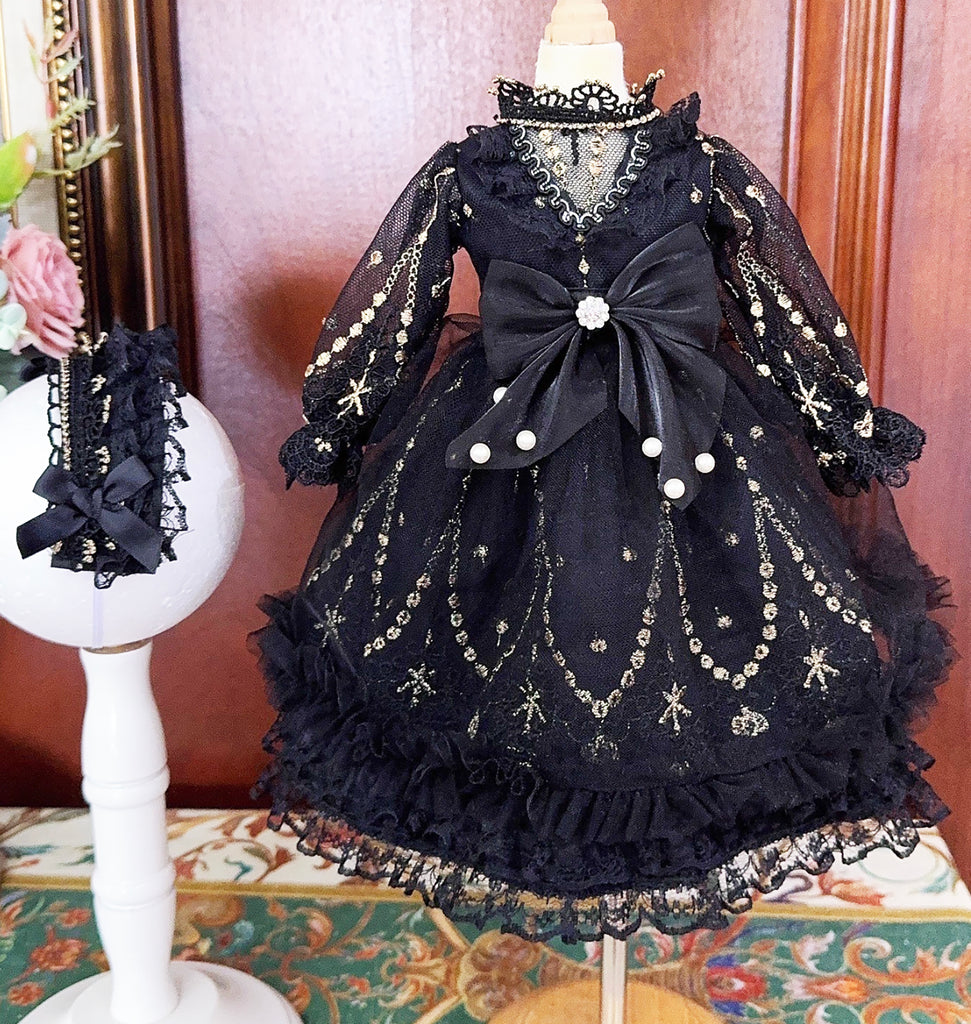Handmade Doll Dress & Headpiece Set Black Lace Embroidery Outfit - 1/6, 1/4, 1/3 Scale